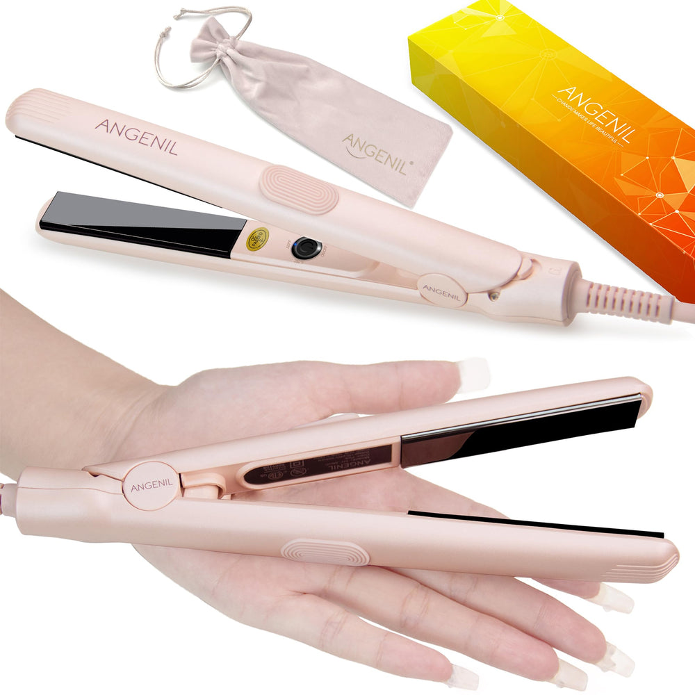 Angenil Ultra Mini Hair Straightener plates closeup, ceramic coating for smooth, frizz-free results