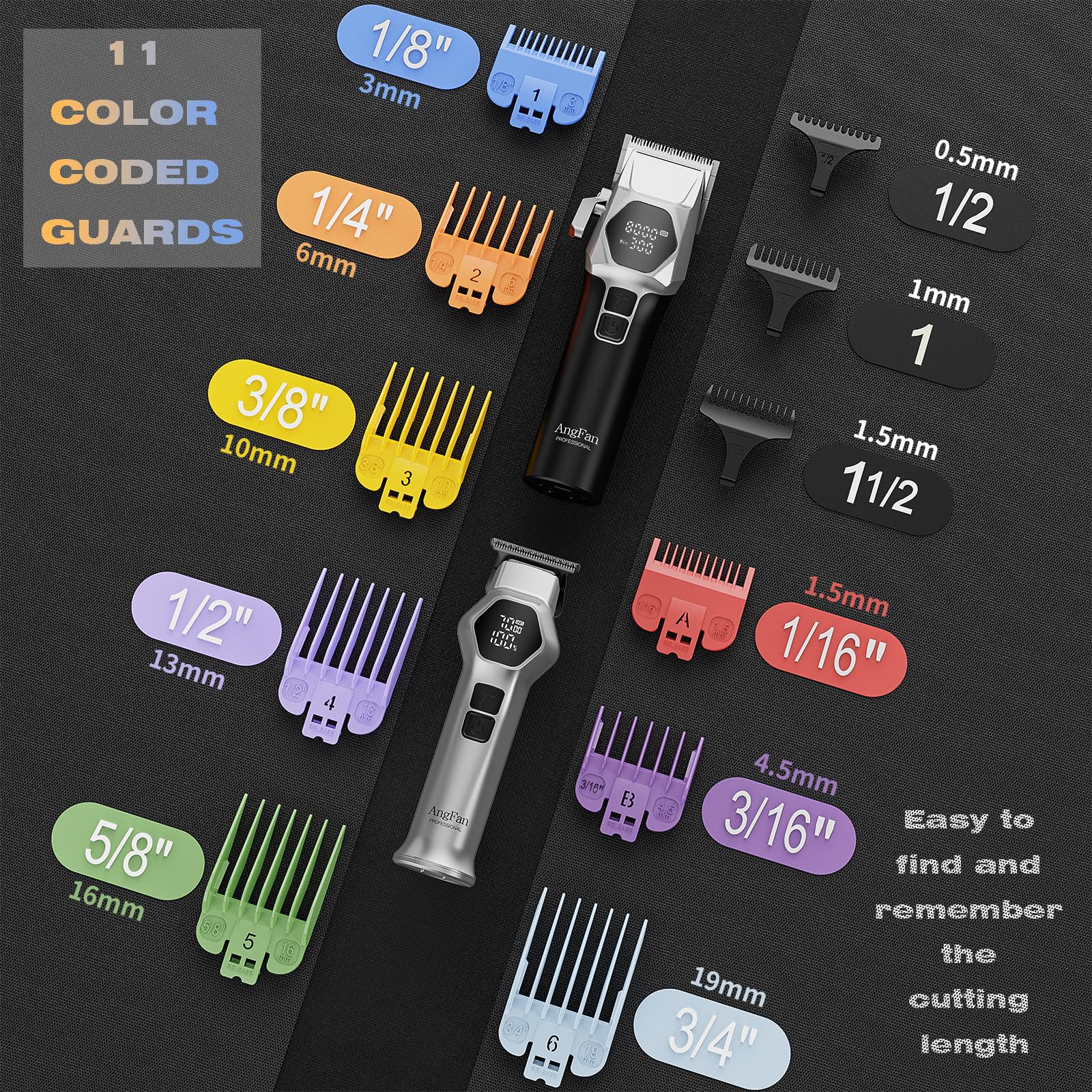 ANGFAN color-coded combs show adjustable sizing for consistent lengths and fades.