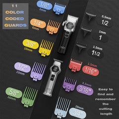 ANGFAN color-coded combs show adjustable sizing for consistent lengths and fades.