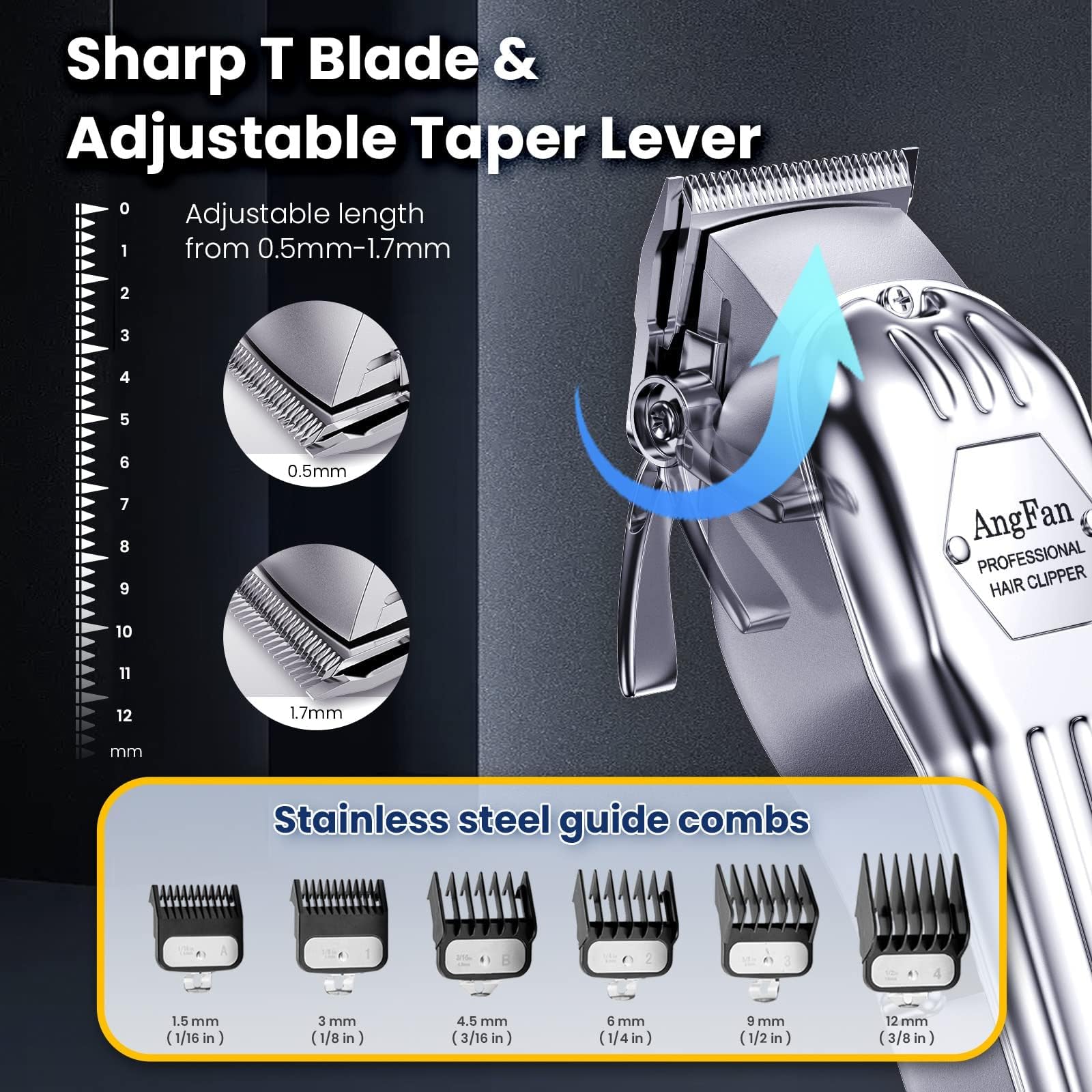 AngFan nine-guide combs in metal and plastic for varied lengths.