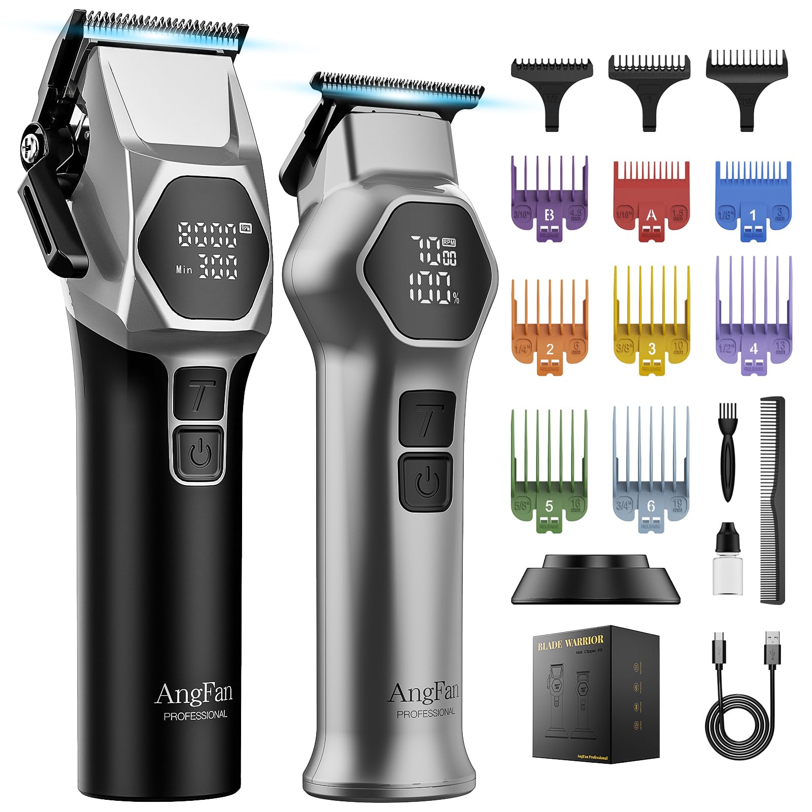 ANGFAN professional hair clippers on the charging base show organized power management for salon-ready days.