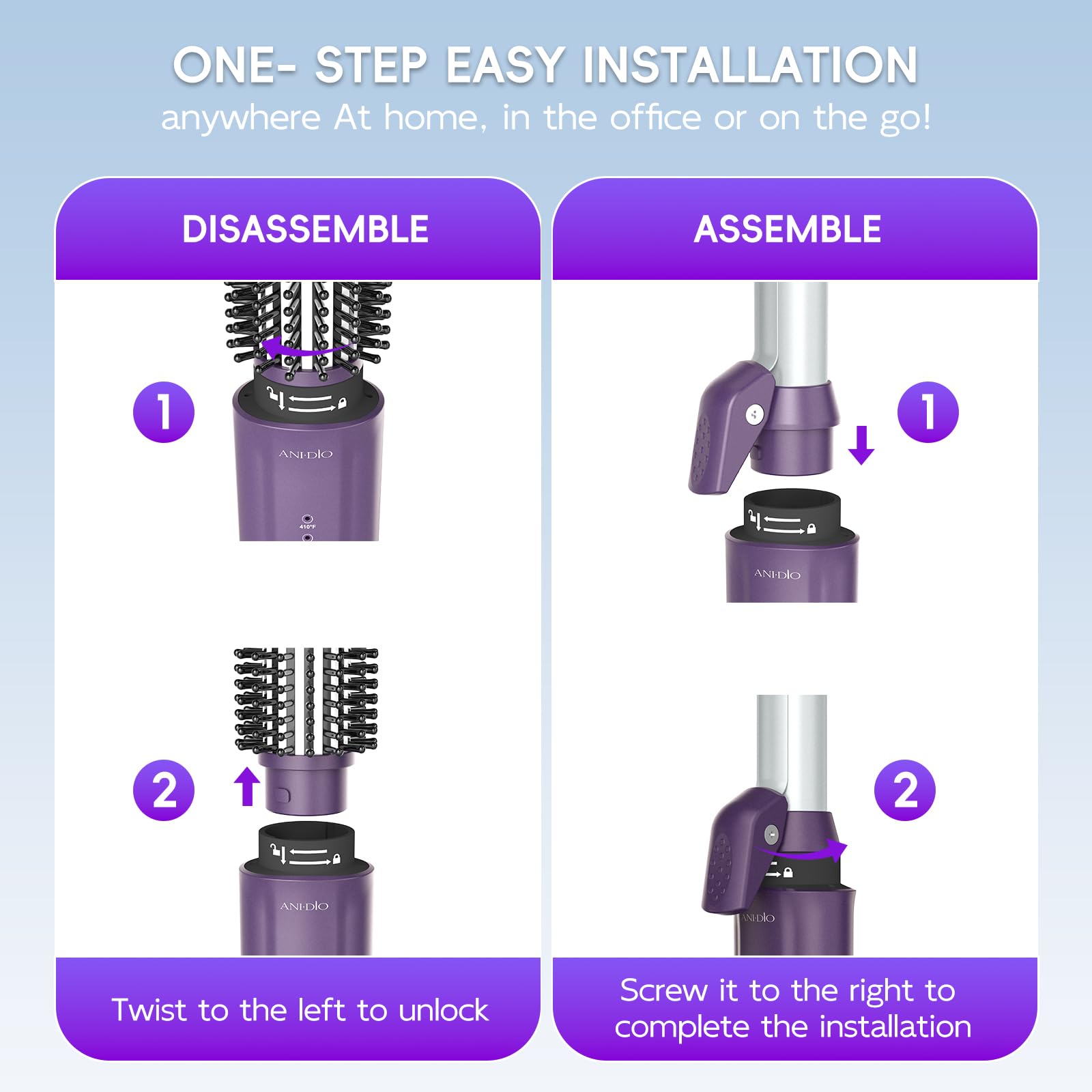 ANI·DIO cordless curling iron brush purple handle for lightweight daily use