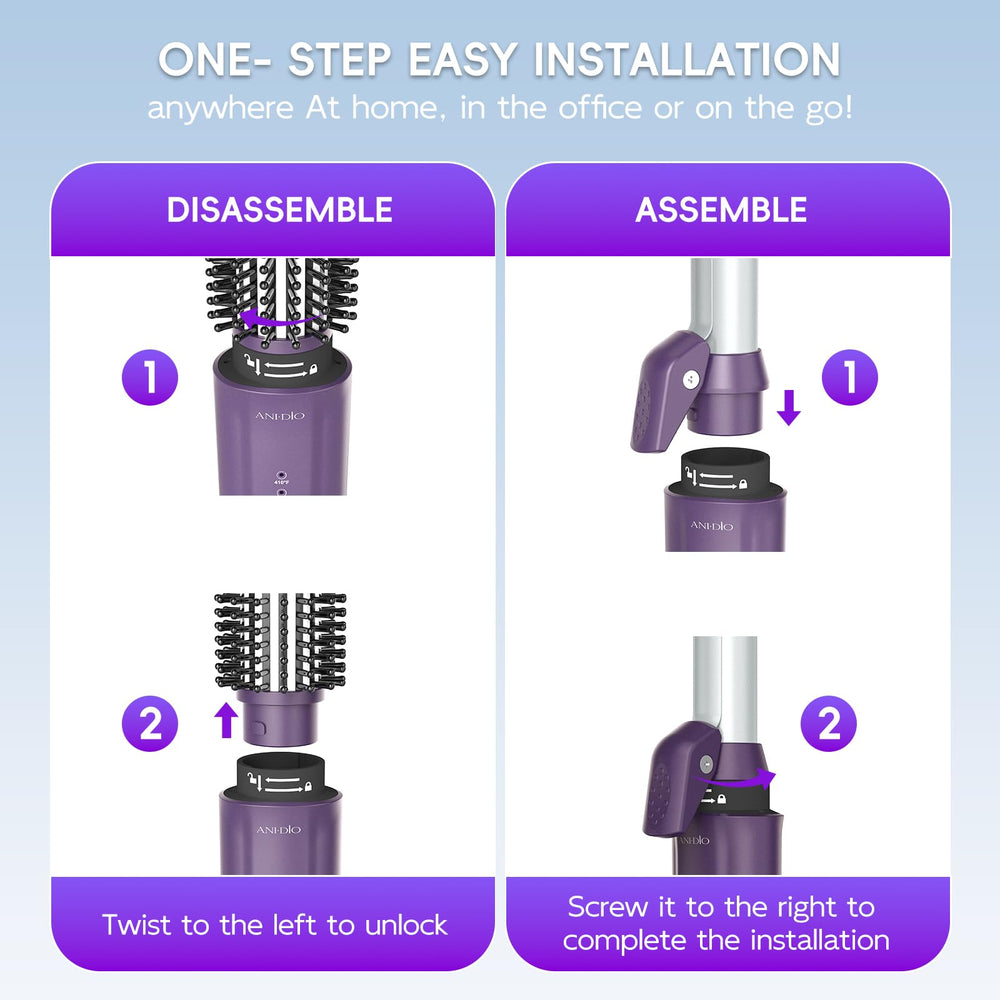 ANI·DIO cordless curling iron brush purple handle for lightweight daily use