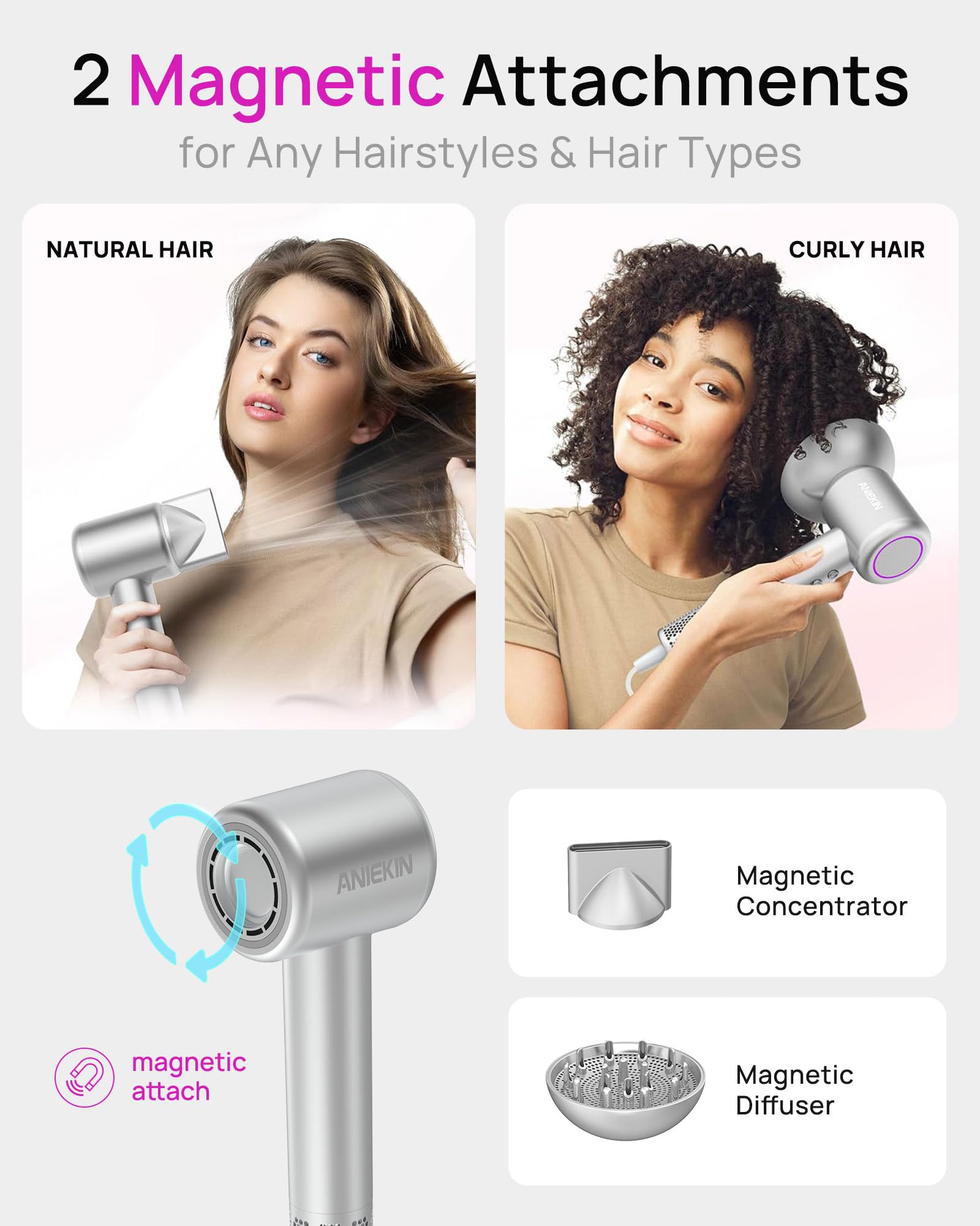 ANIEKIN hair dryer cooling mode offers refreshing finishes after heat styling.
