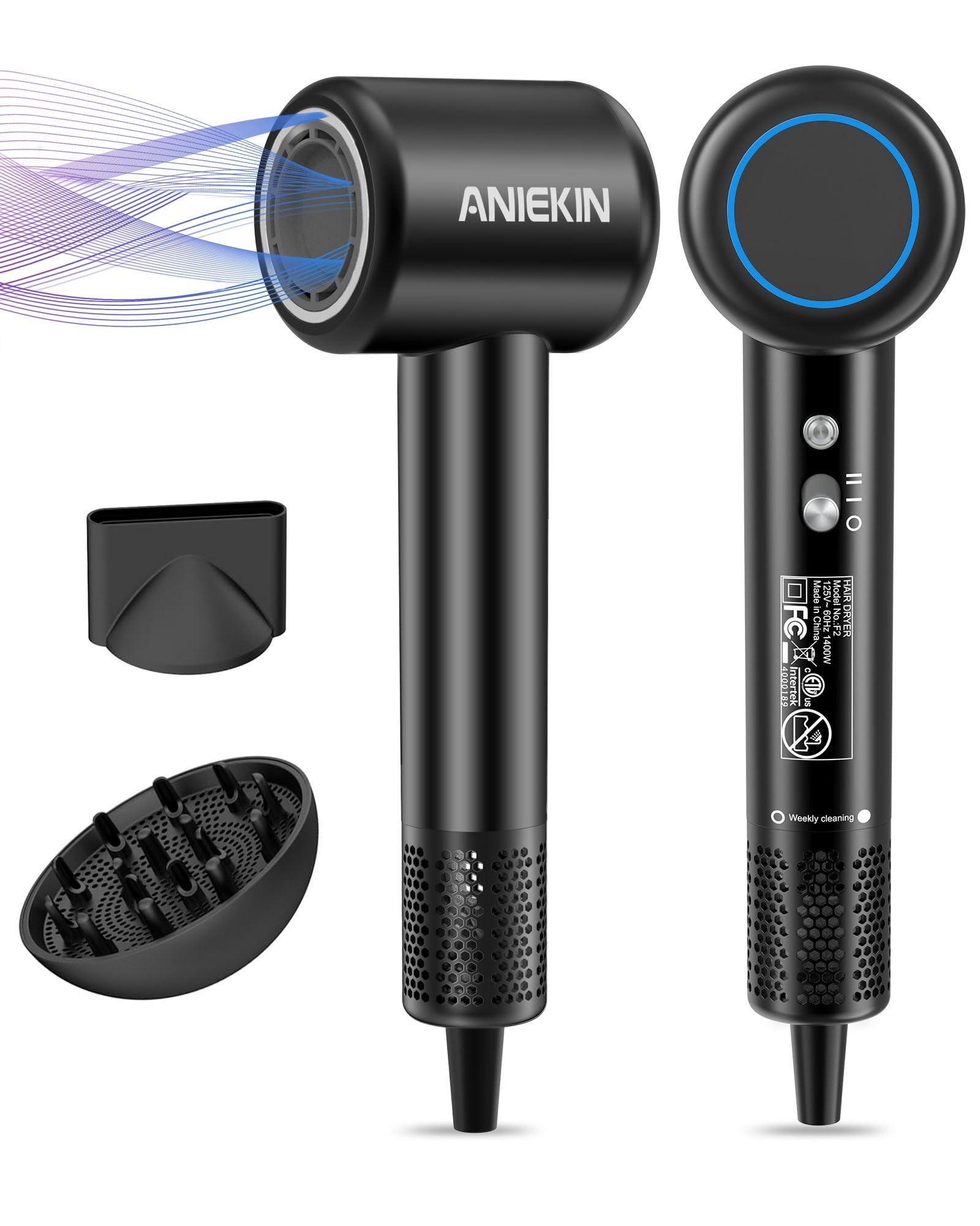 ANIEKIN hair dryer front view showcases fast drying performance.