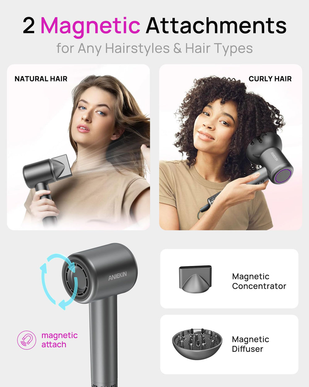 ANIEKIN hair dryer heat settings and cooling option for scalp-safe styling