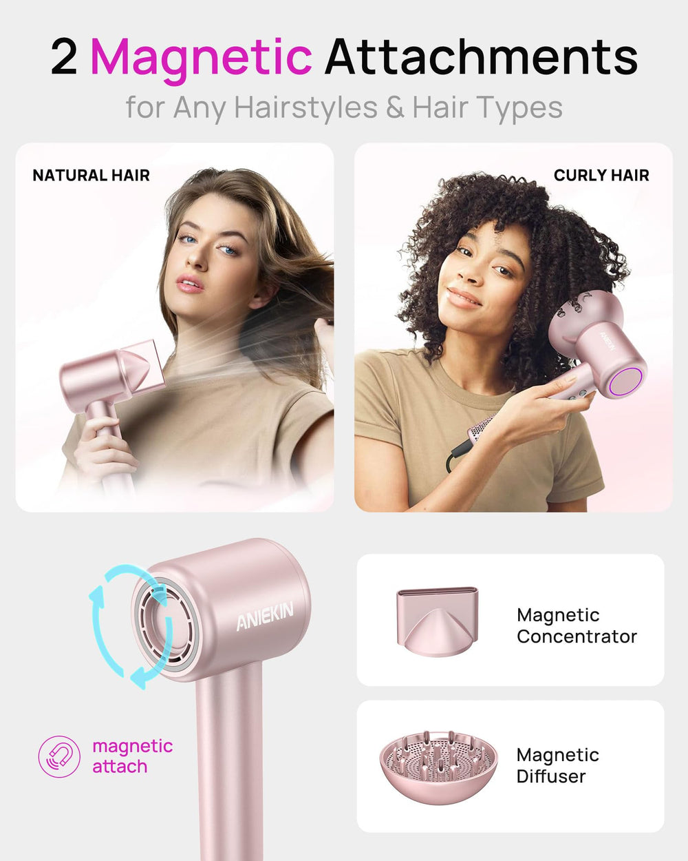 ANIEKIN hair dryer releases 200 million negative ions to reduce frizz