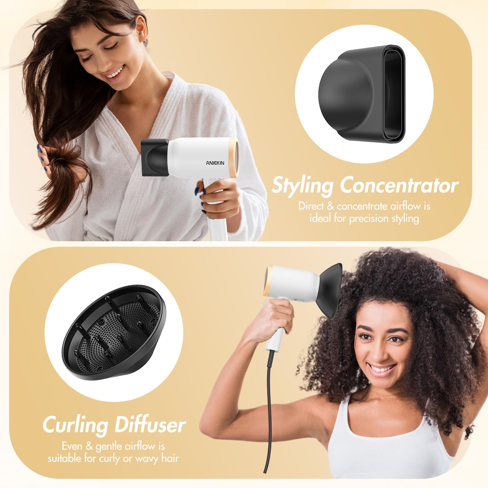 Aniekin concentrator nozzle focuses airflow for precise, quick styling.