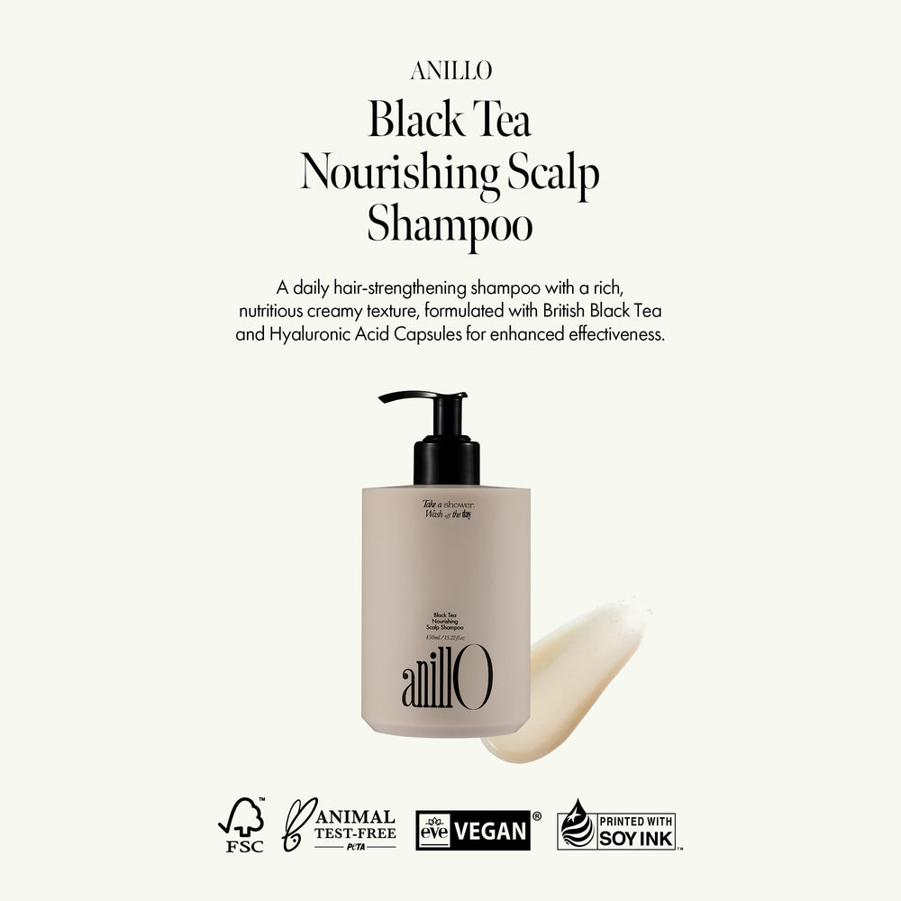 ANILLO black-tea-microbiome-hair-strength close-up highlights root-to-tip strengthening.