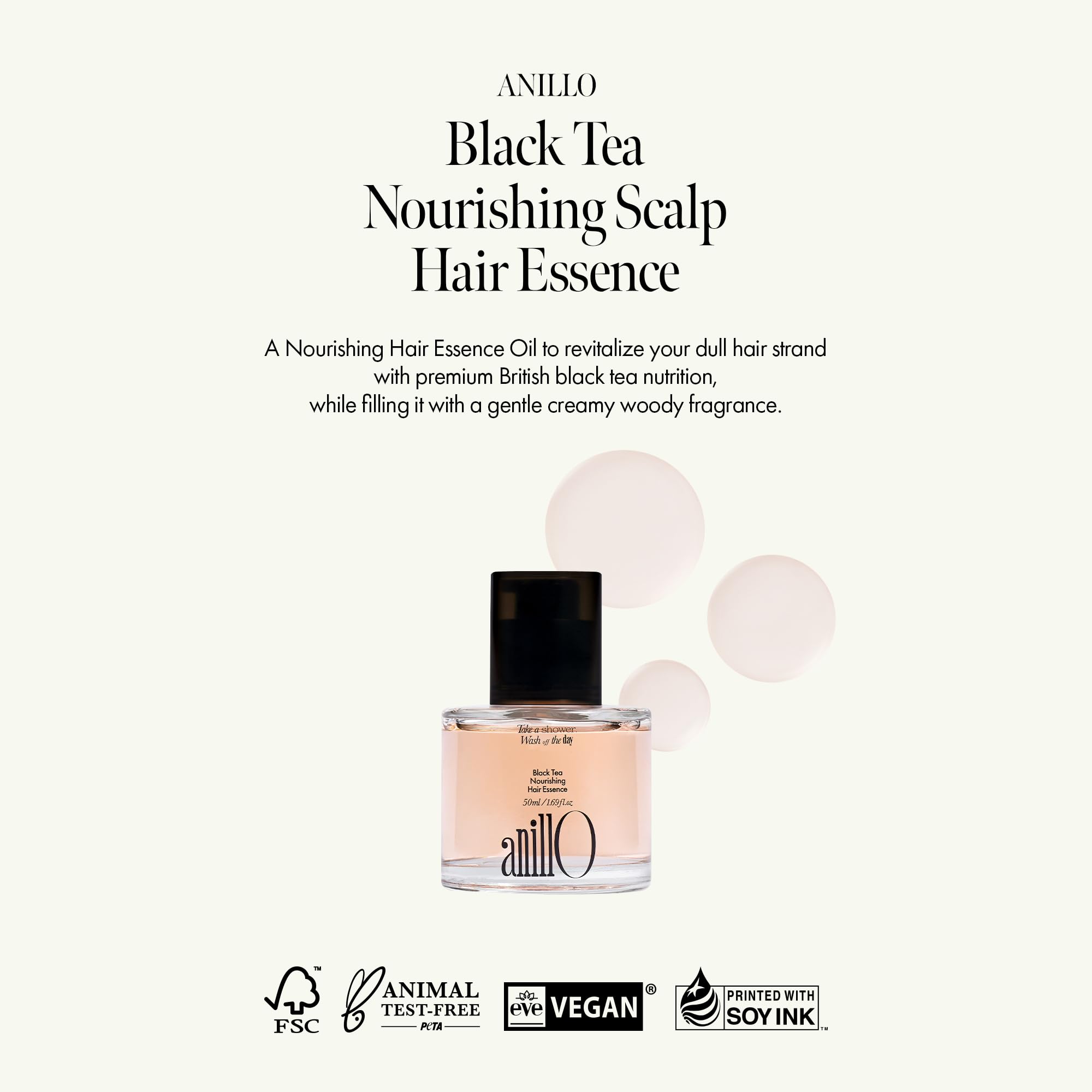 ANILLO Black Tea Nourishing Hair Essence ingredients showcase marula and argan oils for frizz control.