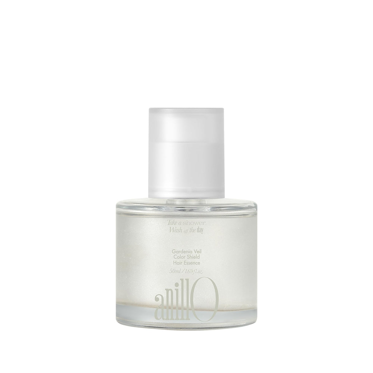 ANILLO Gardenia Veil bottle closeup demonstrates a lightweight leave-in for color-treated hair protection.
