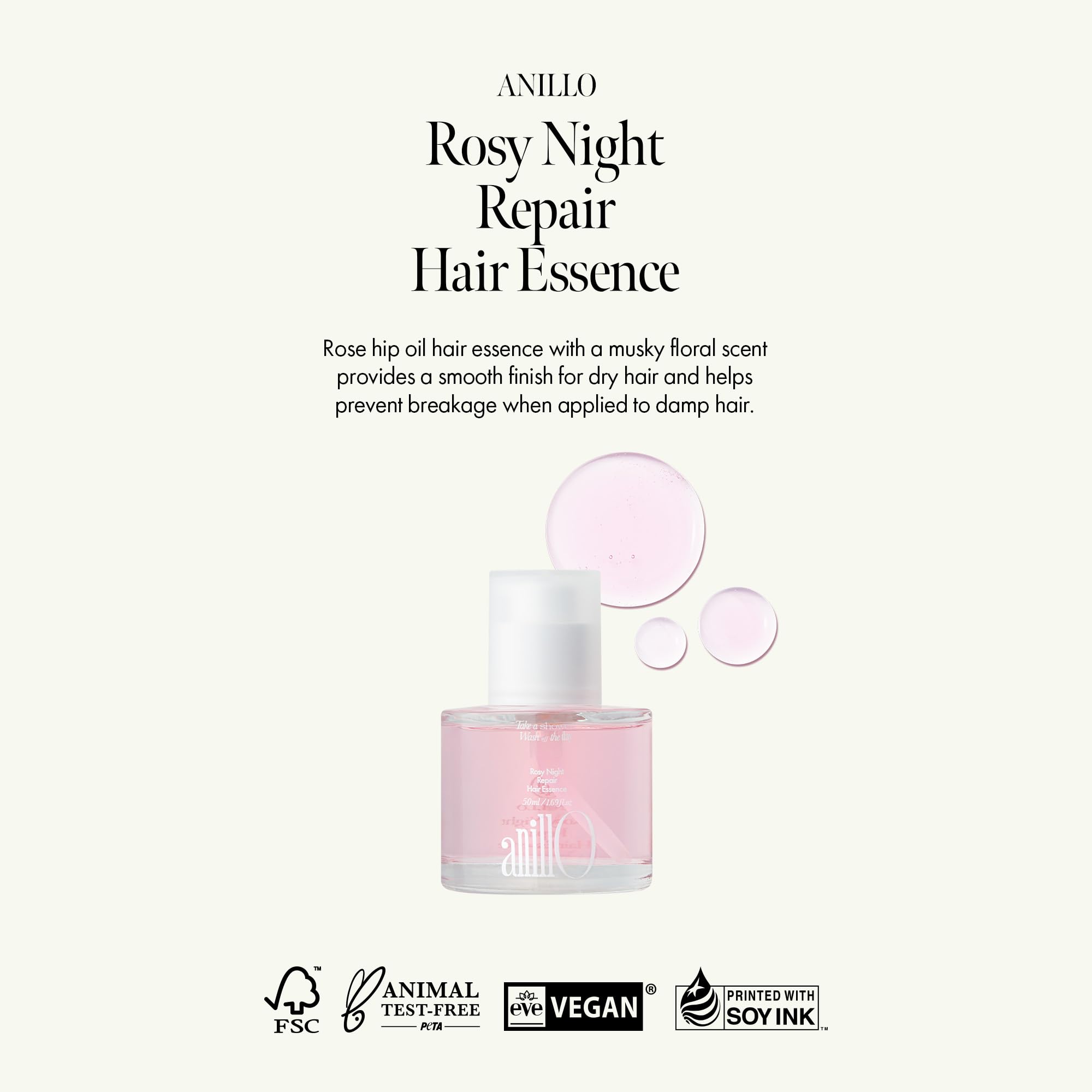 ANILLO Rosy Night Repair with rosehip oil drops – deep hydration for strands.