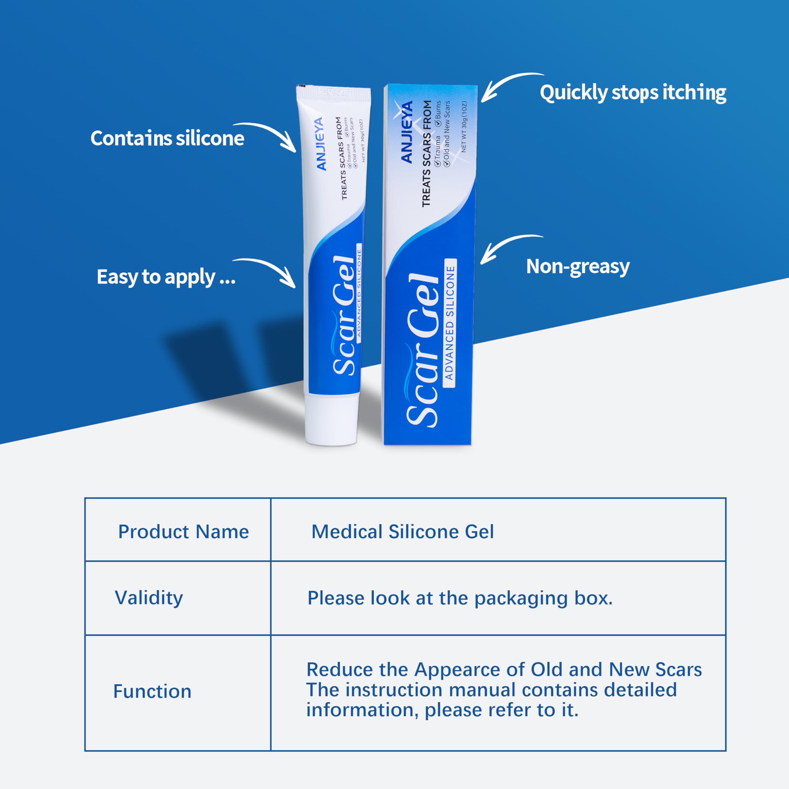 ANJIEYA scar gel tube being dispensed for convenient daily use.