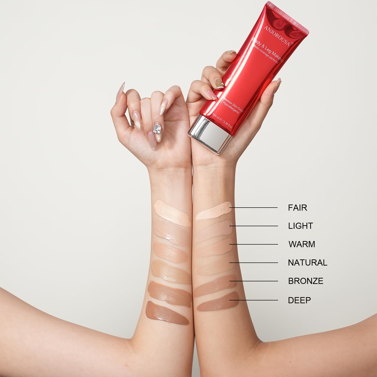 ANJOROUSA Body Coverage Perfector swatches illustrate shade options for diverse skin tones.
