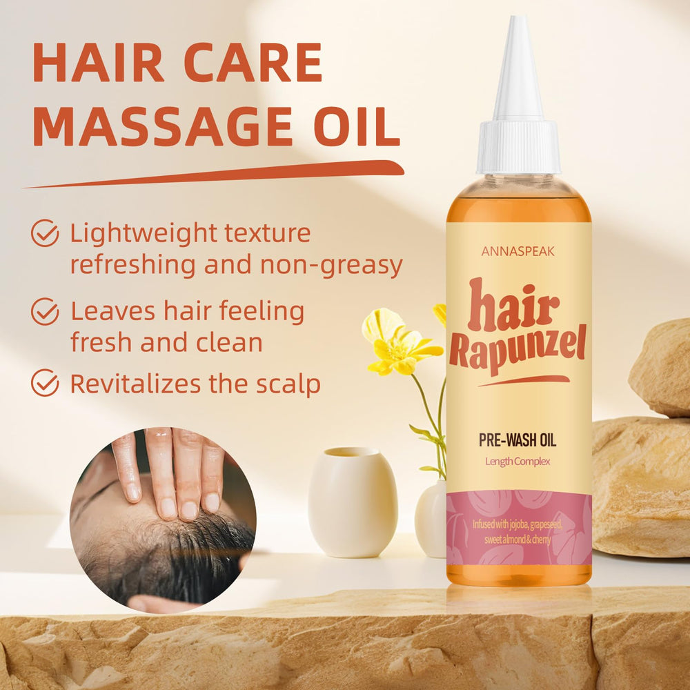ANNASPEAK Rapunzel hair oil sweet almond key ingredient for lasting moisture and softness.