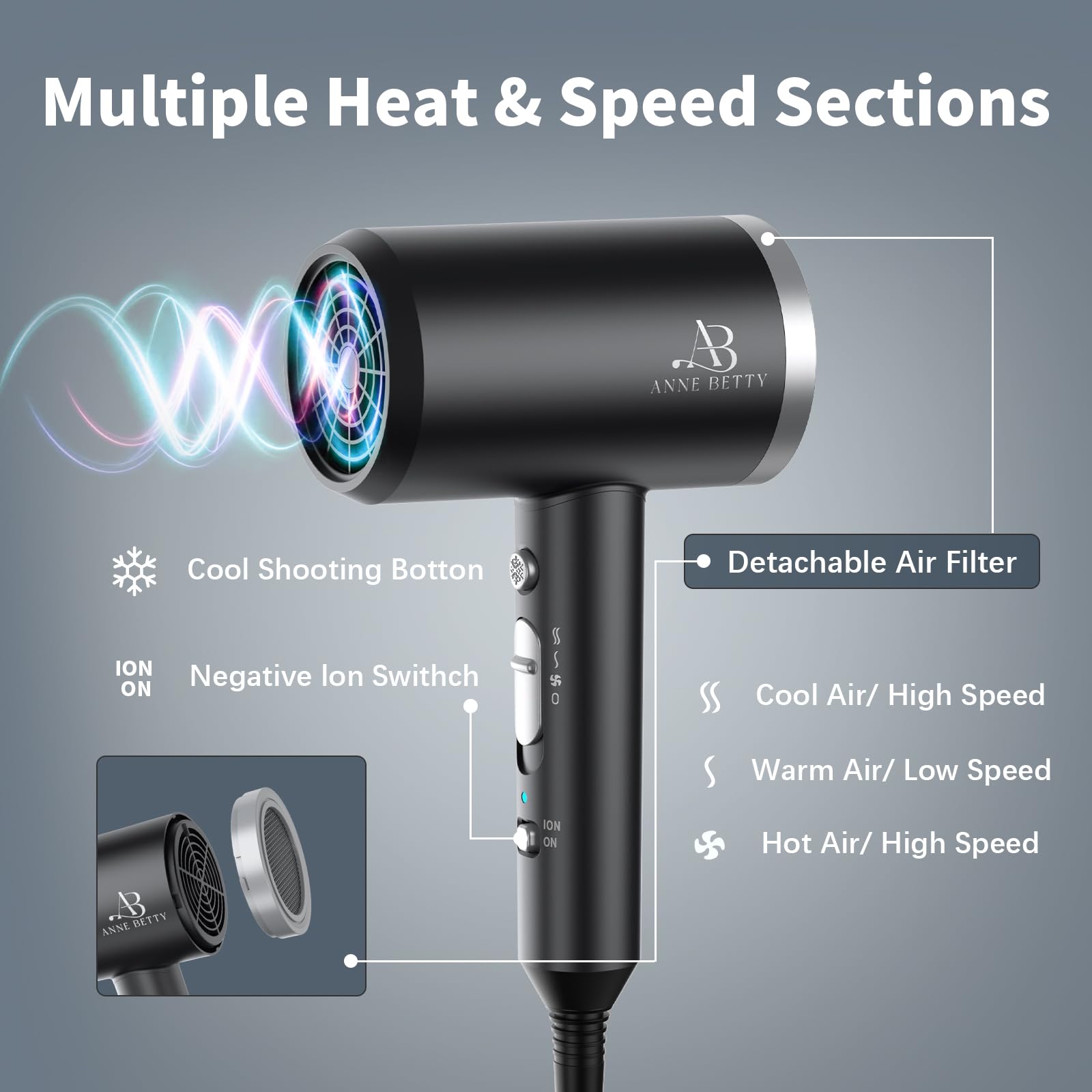 ANNE BETTY ionic hair dryer low-noise operation for discreet styling