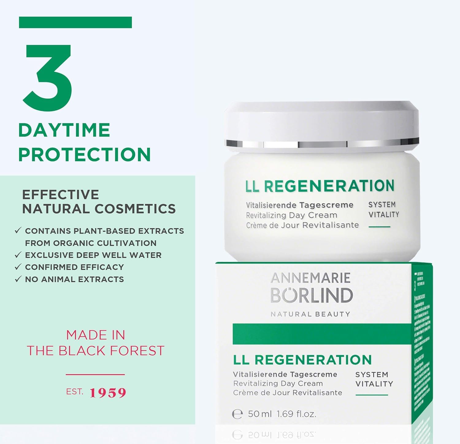 ANNEMARIE BÖRLIND LL REGENERATION ingredient panel featuring calendula, echinacea, hibiscus.