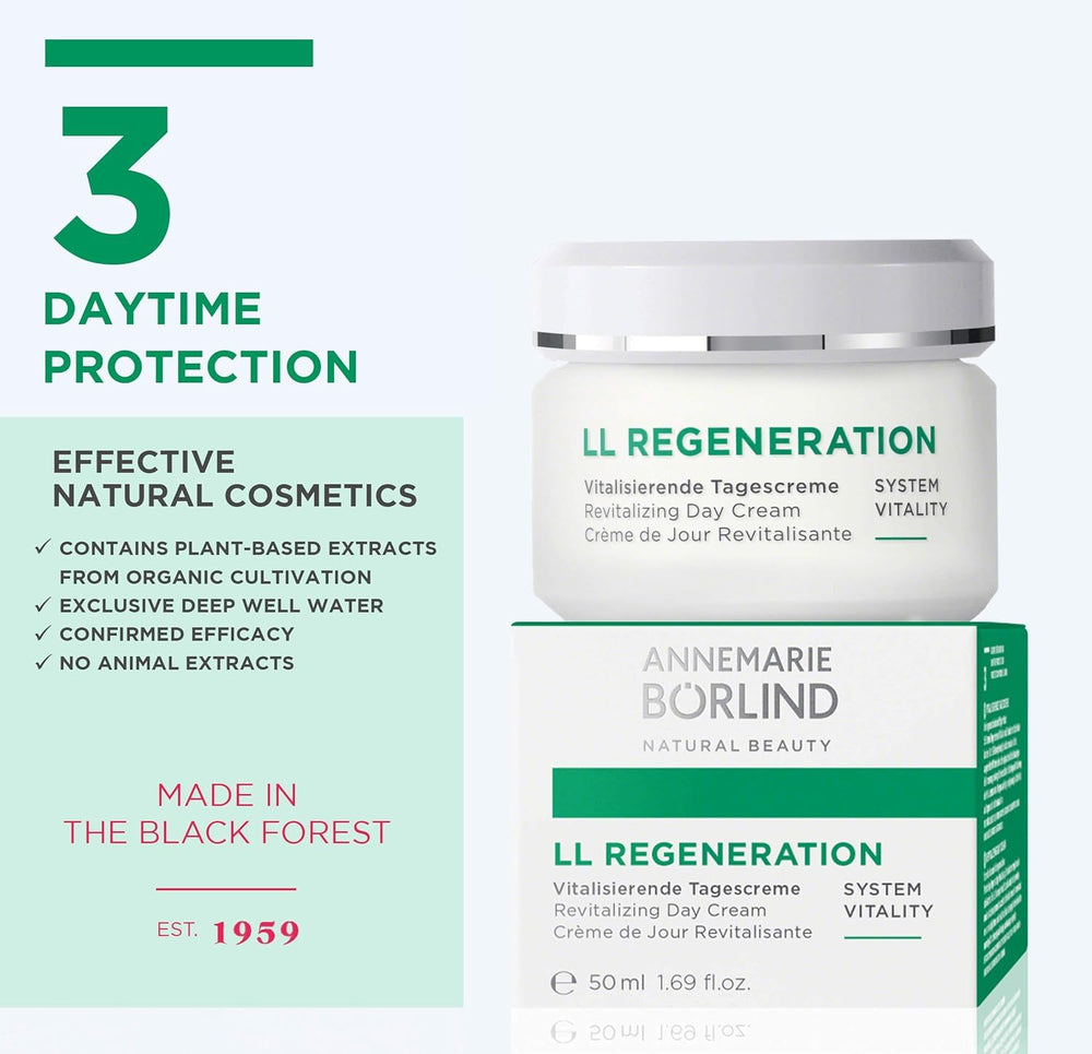 ANNEMARIE BÖRLIND LL REGENERATION ingredient panel featuring calendula, echinacea, hibiscus.