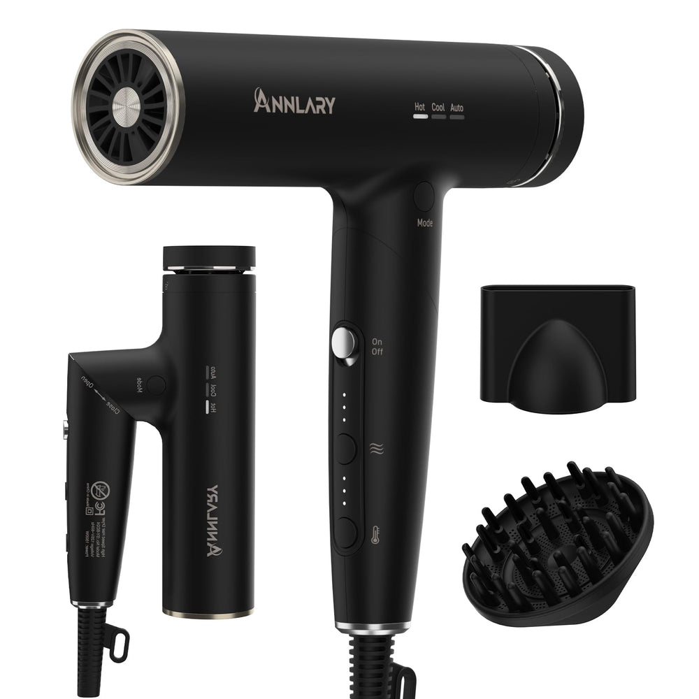 ANNLARY foldable hair dryer with diffuser for travel-ready styling.