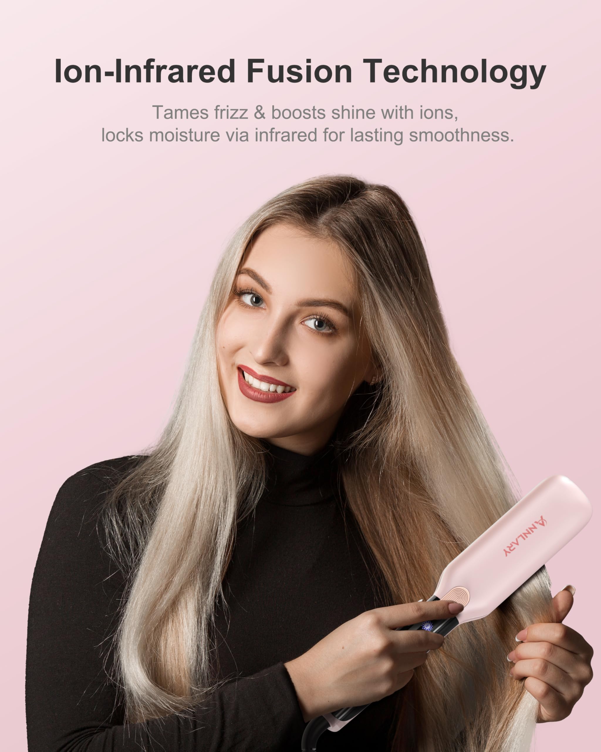 ANNLARY hair straightener infrared-ion boost heats evenly for frizz-control styling.