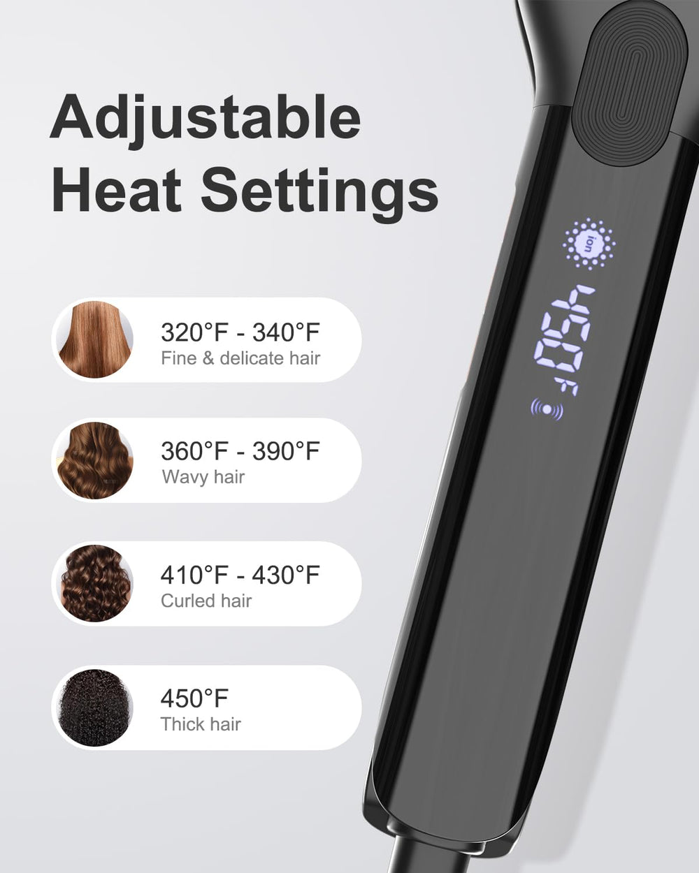 ANNLARY LED display shows eight heat settings for precise control.