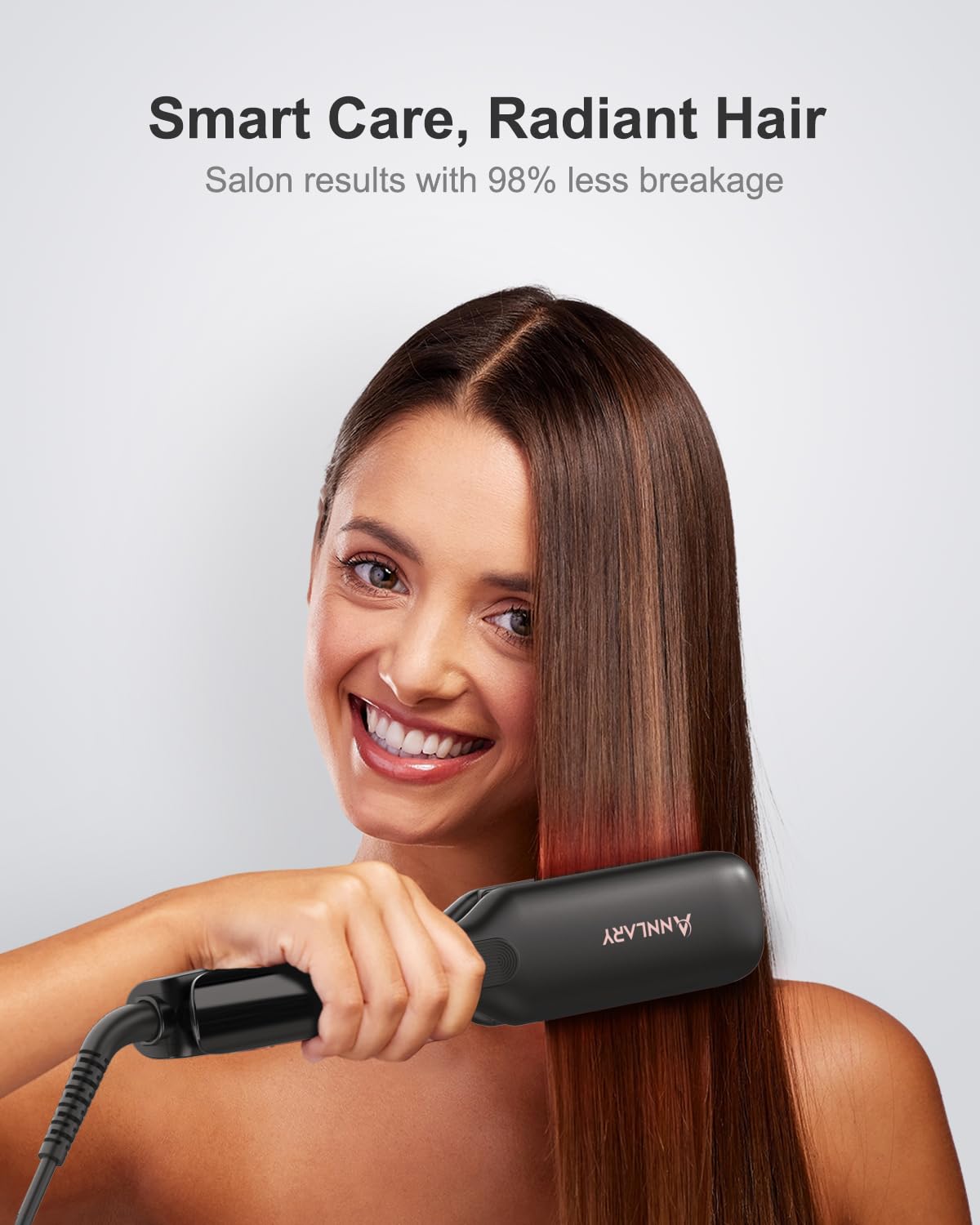 ANNLARY titanium-ceramic plates provide even heat and snag-free straightening.