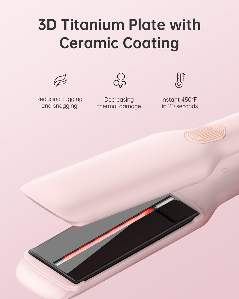 ANNLARY hair straightener titanium-ceramic plates provide even heat and shine.