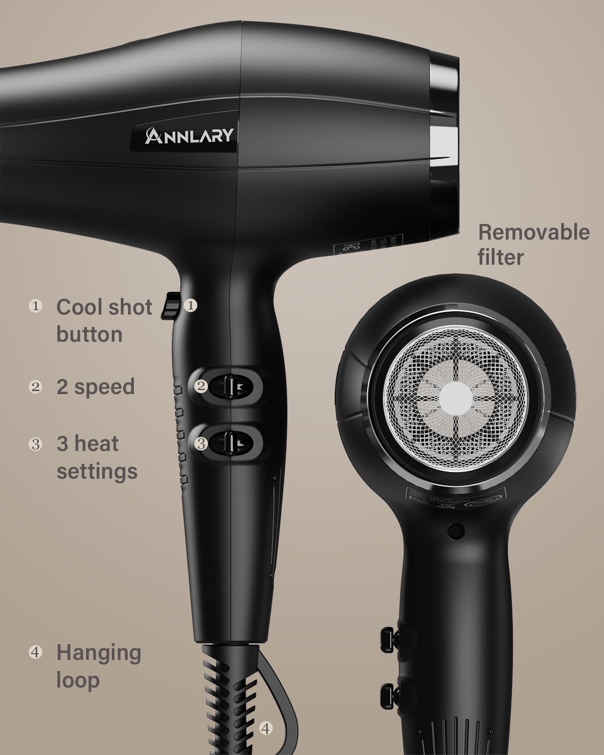 ANNLARY Ionic Hair Dryer 8-foot cord with hanging loop for flexible storage.