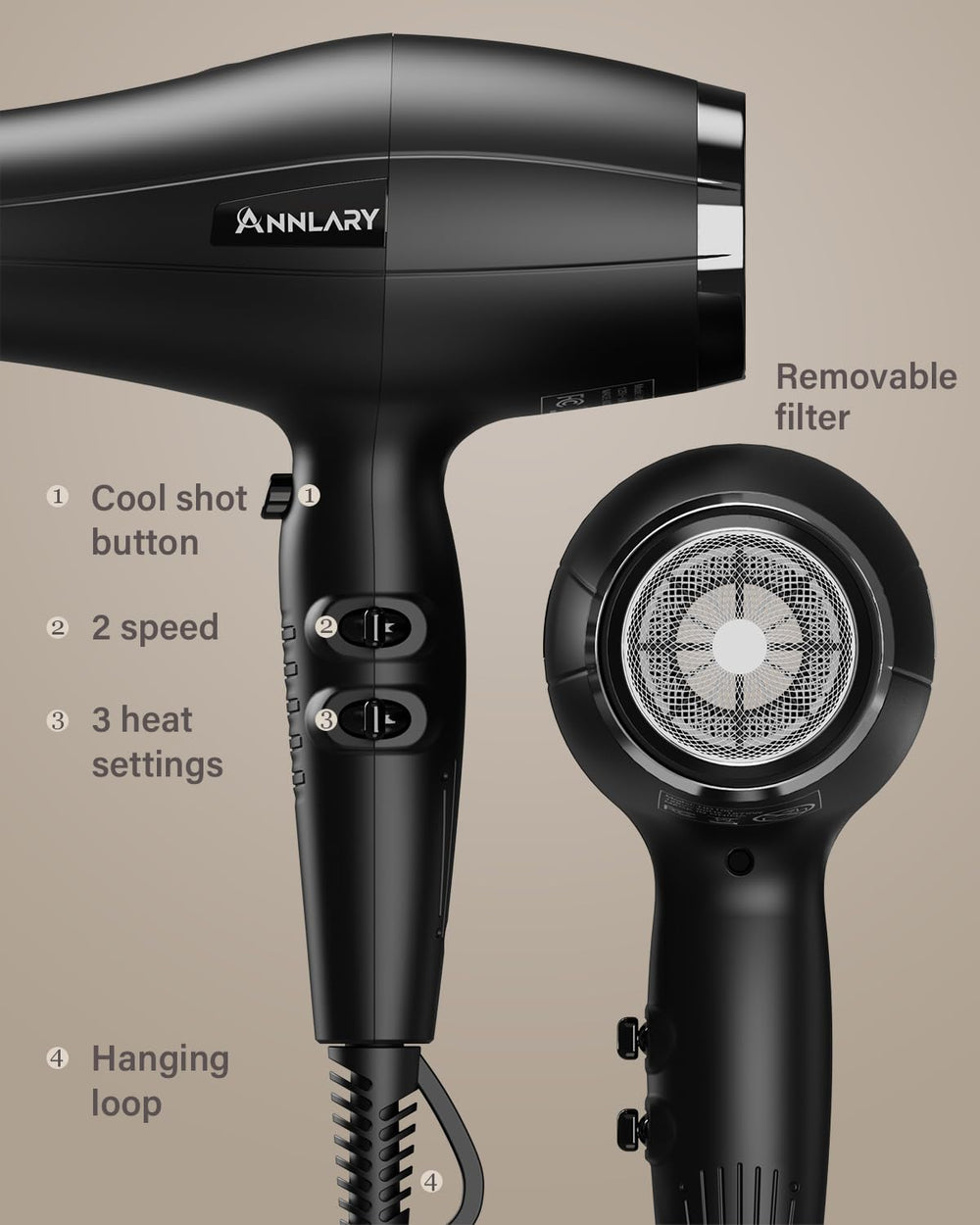 ANNLARY Ionic Hair Dryer 8-foot cord with hanging loop for flexible storage.