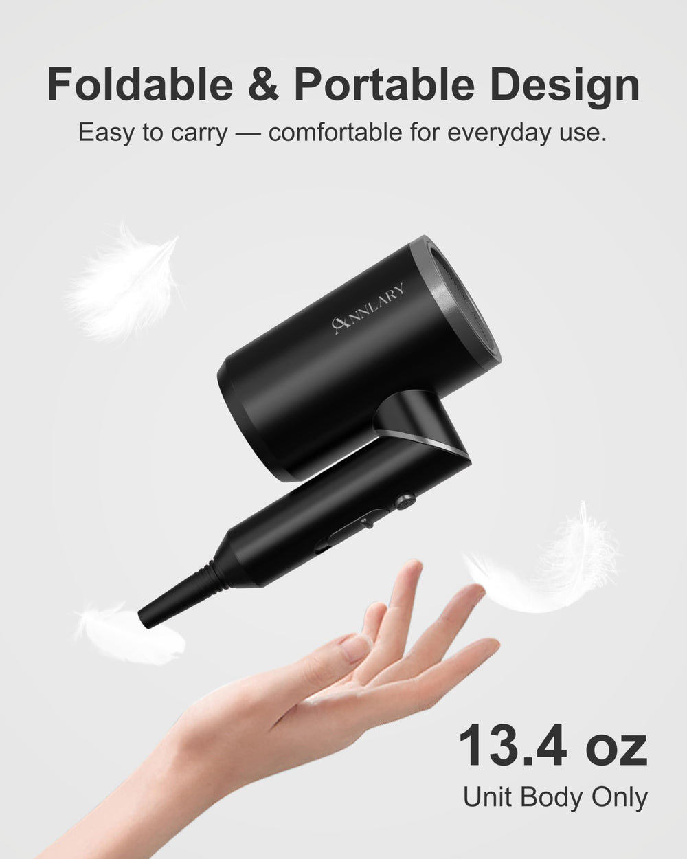ANNLARY Plasma Ion Hair Dryer folded design for compact travel storage.