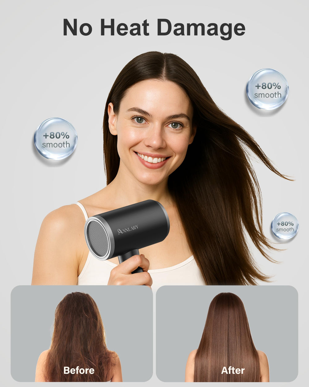 ANNLARY Plasma Ion Hair Dryer travel-ready with long 6.5 ft cord for versatile outlets.