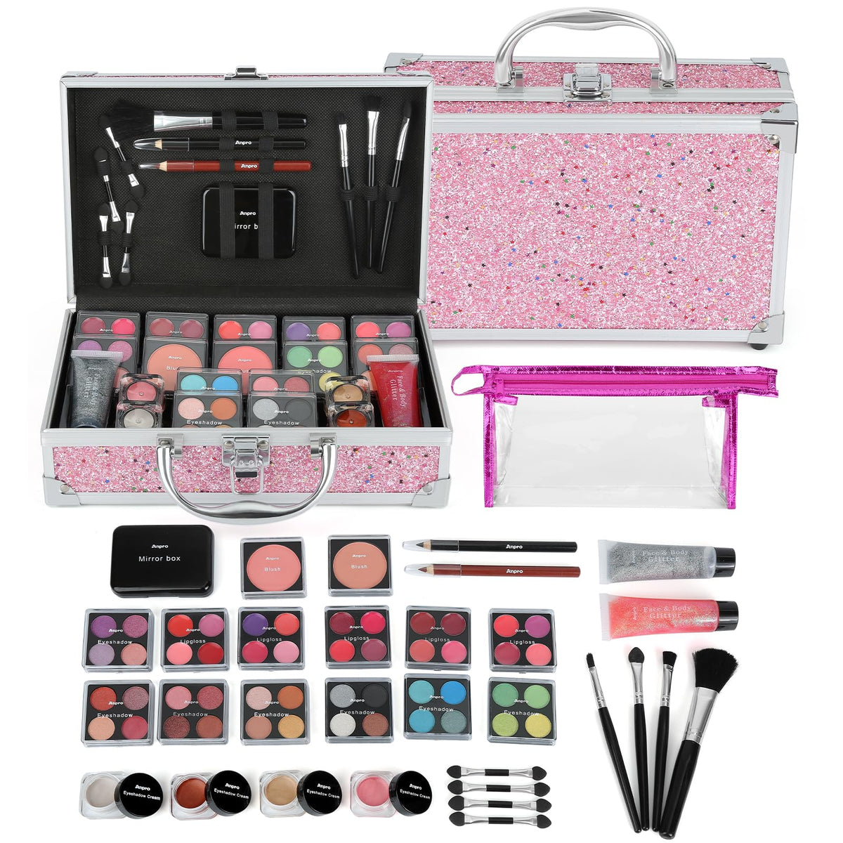 Anpro all-in-one makeup kit case front, neatly organized for tween travel and on-the-go makeup.