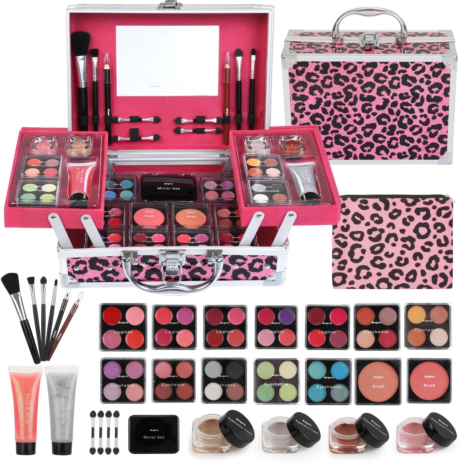 Anpro Leopord makeup kit case: portable storage for easy travel touch-ups