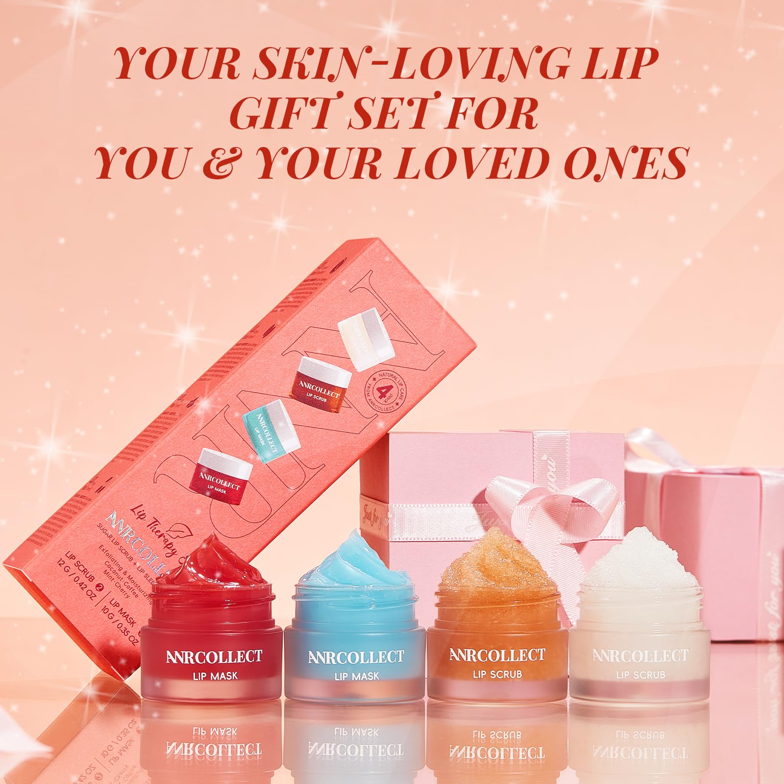 ANRCOLLECT lip care set flatlay shows 4-piece luxurious routine.