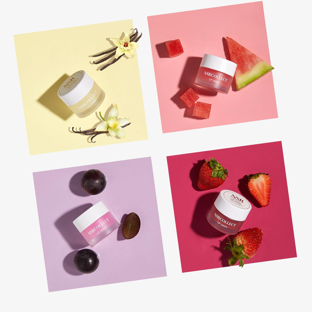 ANRCOLLECT lip mask-set-flatlay displays four flavors for care options.