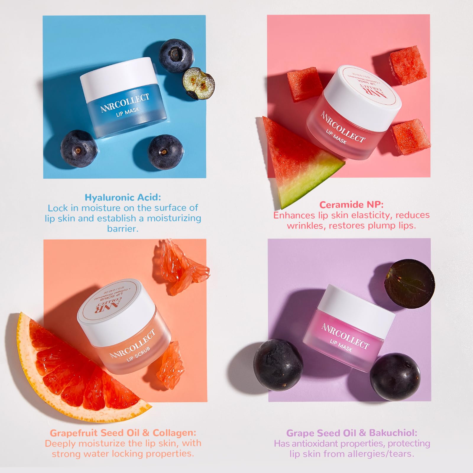 ANRCOLLECT bakuchiol, jojoba, and grape seed oil protect lips from environmental stress.