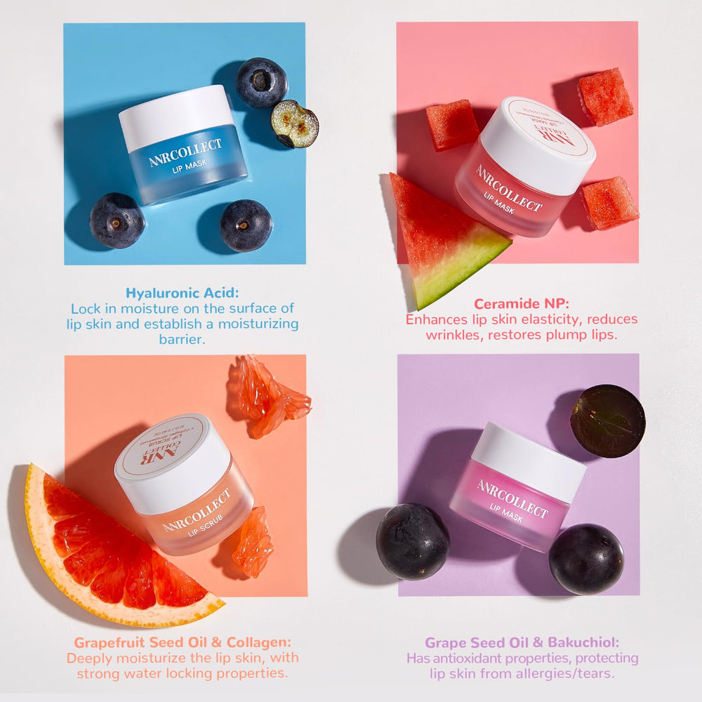 ANRCOLLECT bakuchiol, jojoba, and grape seed oil protect lips from environmental stress.