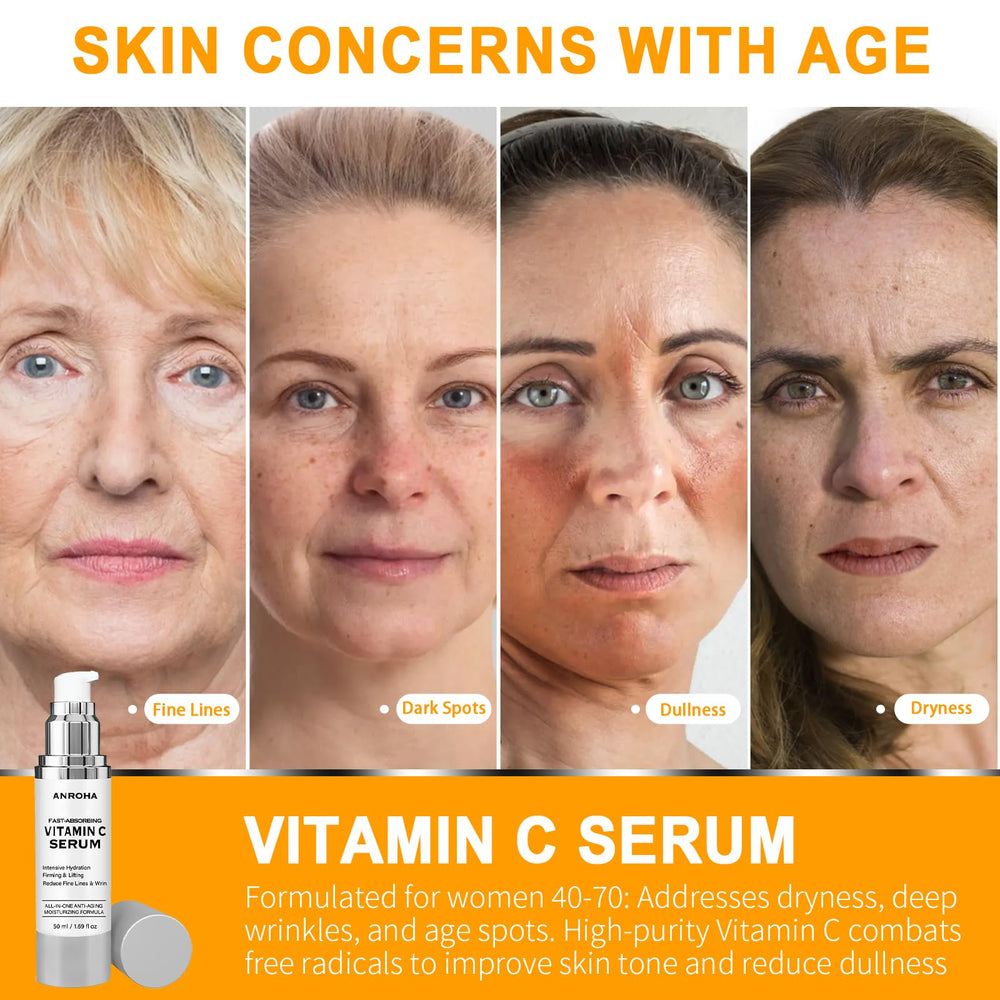 Anroha Vitamin C Serum targets age spots and fine lines for a refreshed look.