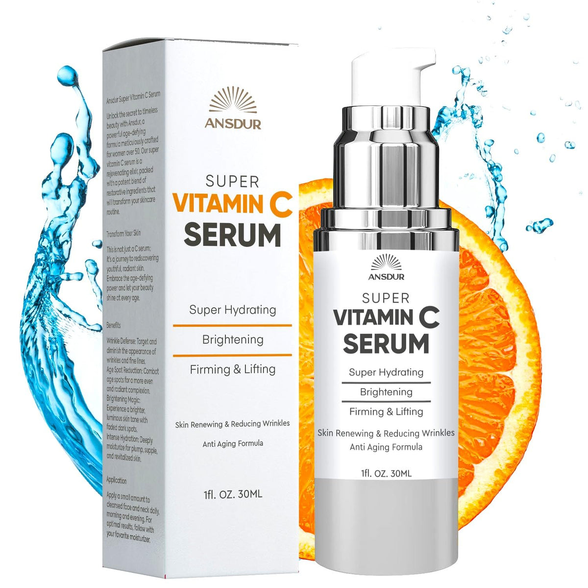 ANSDUR Super Vitamin C Serum bottle close-up showing radiant hydration.
