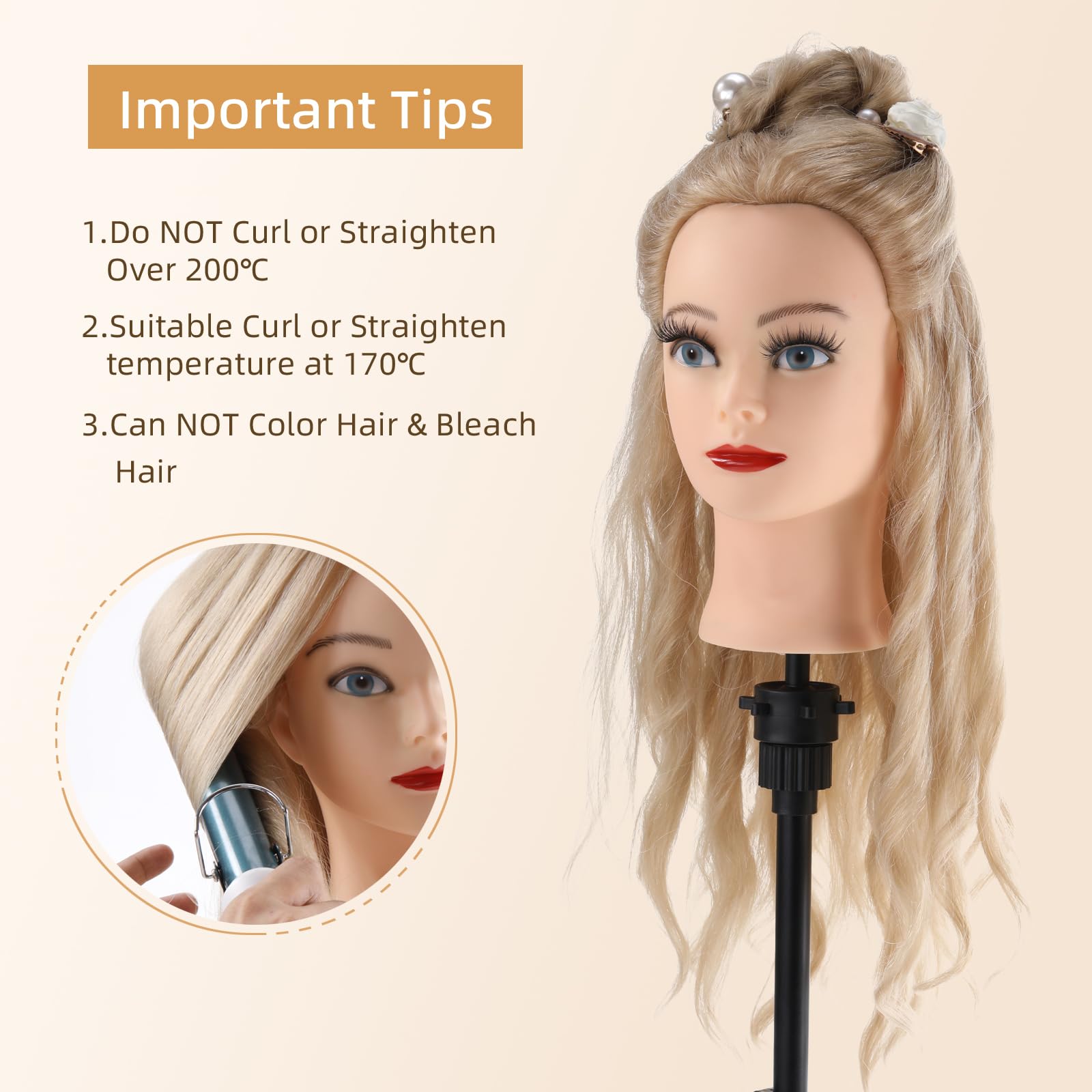 Anstar mannequin head curly styles showcase flexible styling on real looking hair.