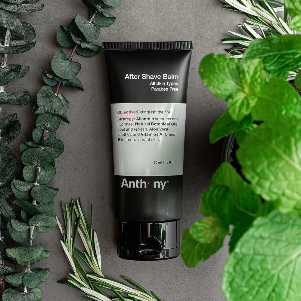 Anthony After Shave Balm aloe vera visual emphasizes soothing moisture after shaving.