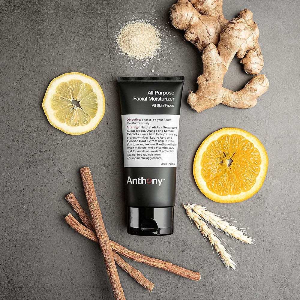 Anthony All-Purpose Facial Moisturizer packaging highlights a lightweight formula for morning use.