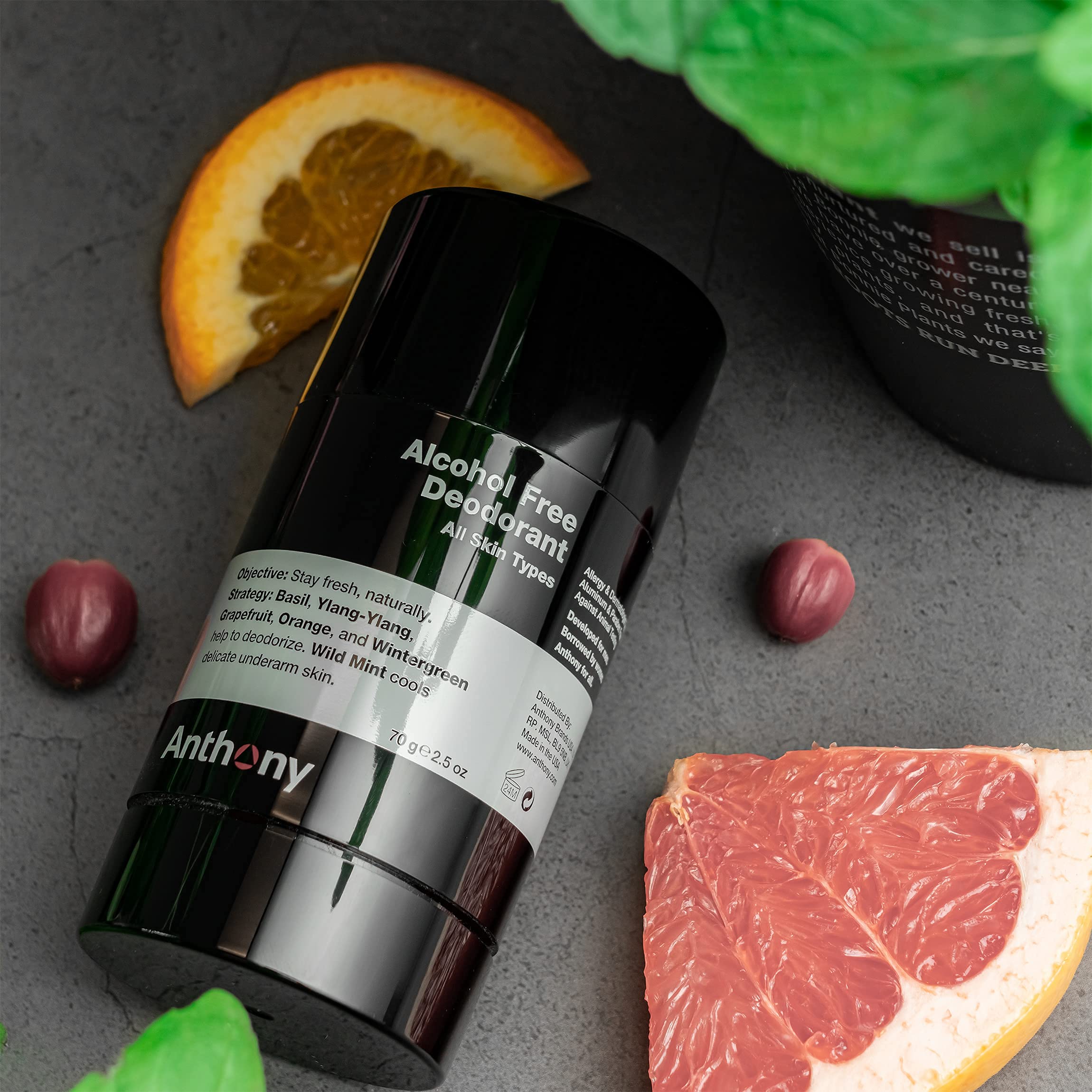 Anthony aluminum-free stick packaging showcasing clean, aluminum-free formula and skin-friendly benefits