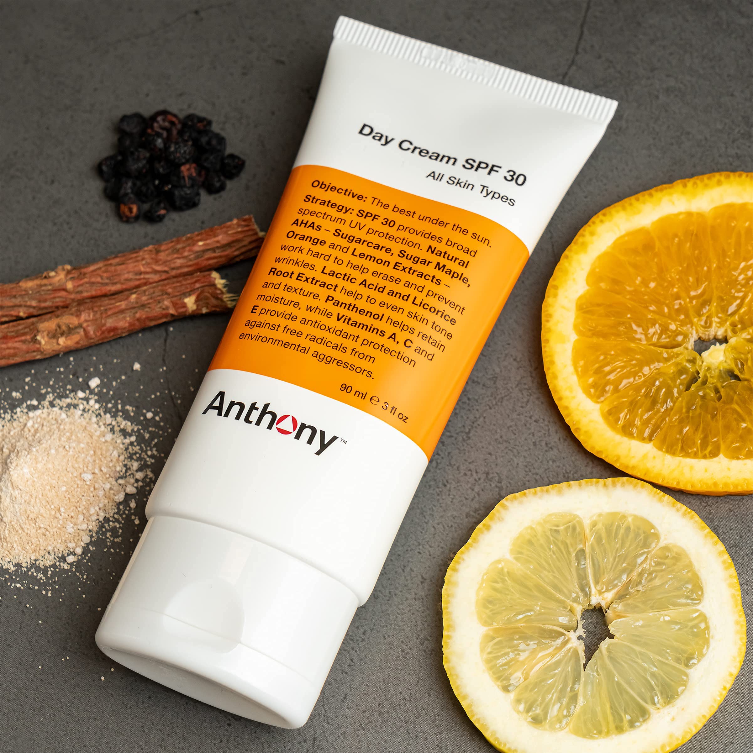 Anthony Day Cream SPF 30 packaging, US-made formula free of parabens and phthalates.