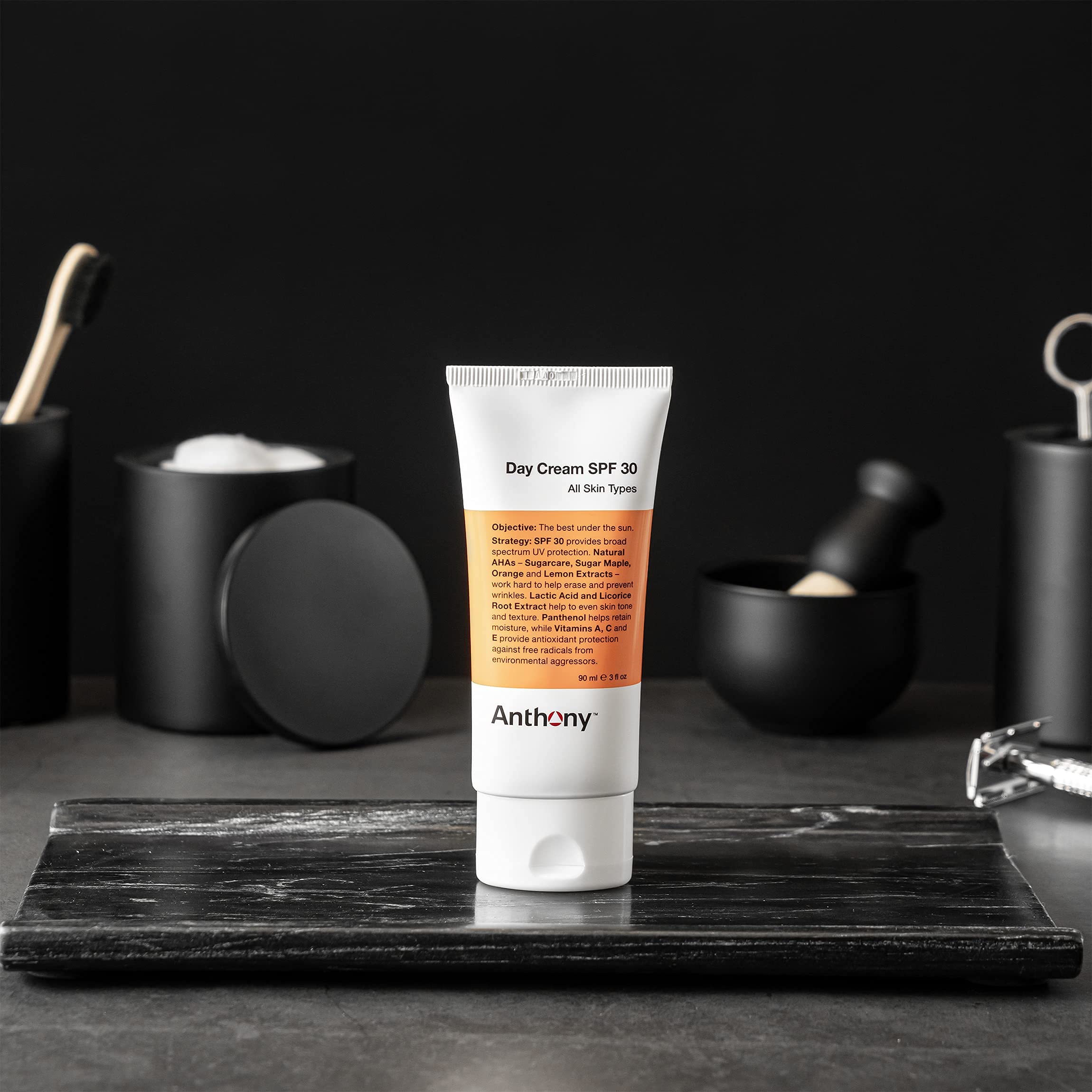 Anthony Day Cream SPF 30 pump dispense close-up, lightweight hydration without greasiness.
