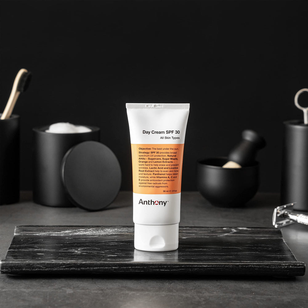 Anthony Day Cream SPF 30 pump dispense close-up, lightweight hydration without greasiness.