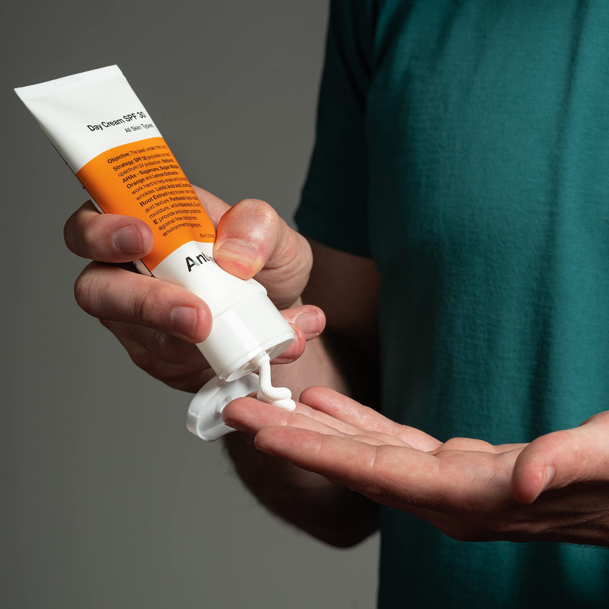 Anthony Day Cream SPF 30 texture close-up, non-greasy absorption suitable for all skin types.