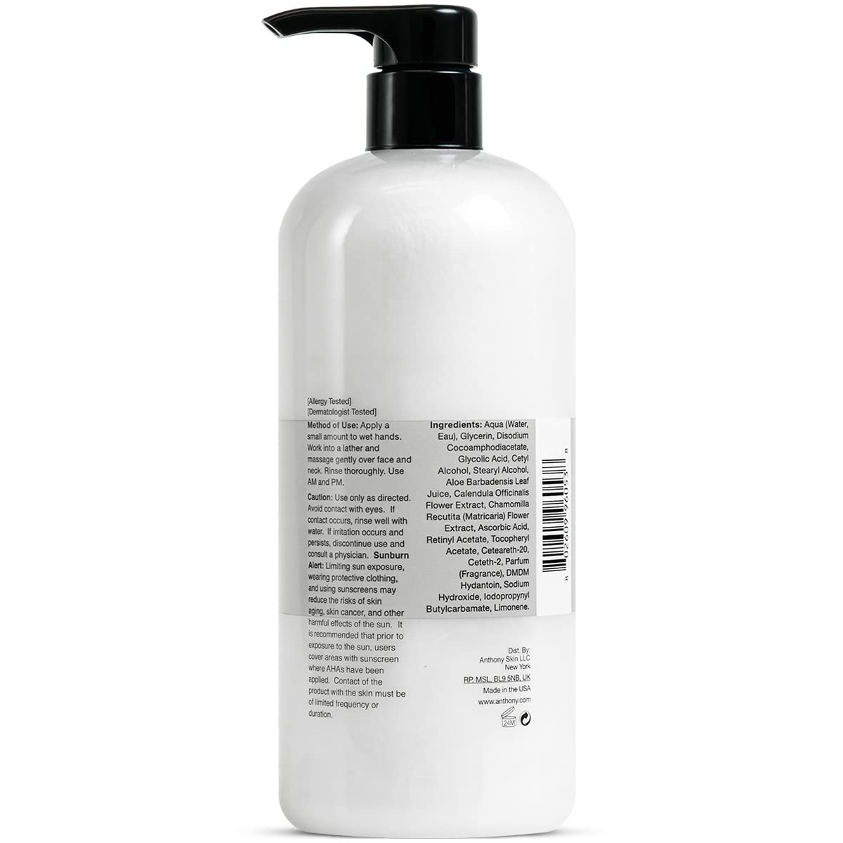 Anthony Glycolic Cleanser ingredients-calendula-aloe showcases soothing botanicals enhancing hydration.