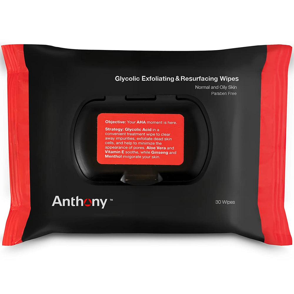 Anthony Glycolic Exfoliating Wipes barber shop display showing grooming routine.