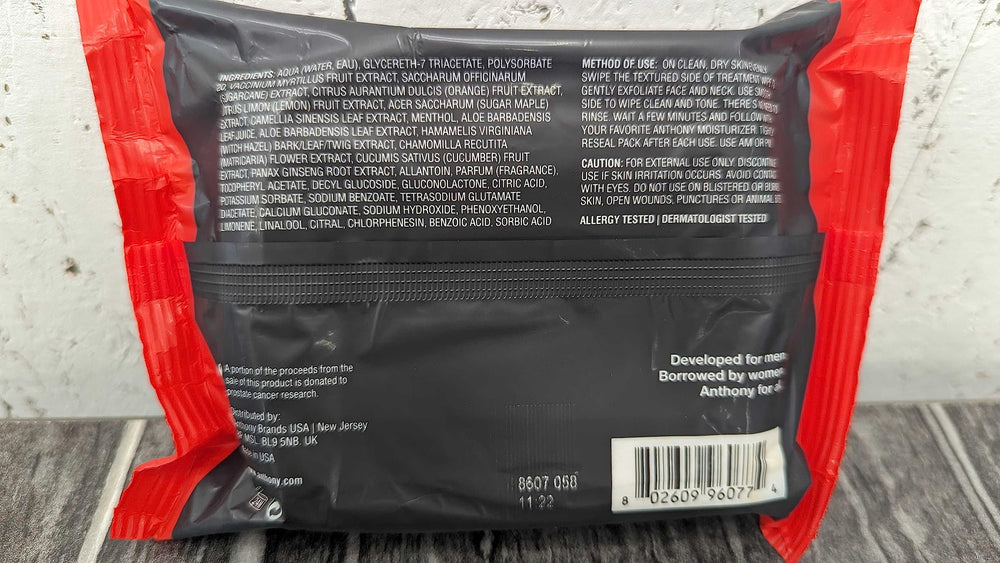 Anthony Glycolic Exfoliating Wipes dual-sided cloth showing exfoliate and hydrate